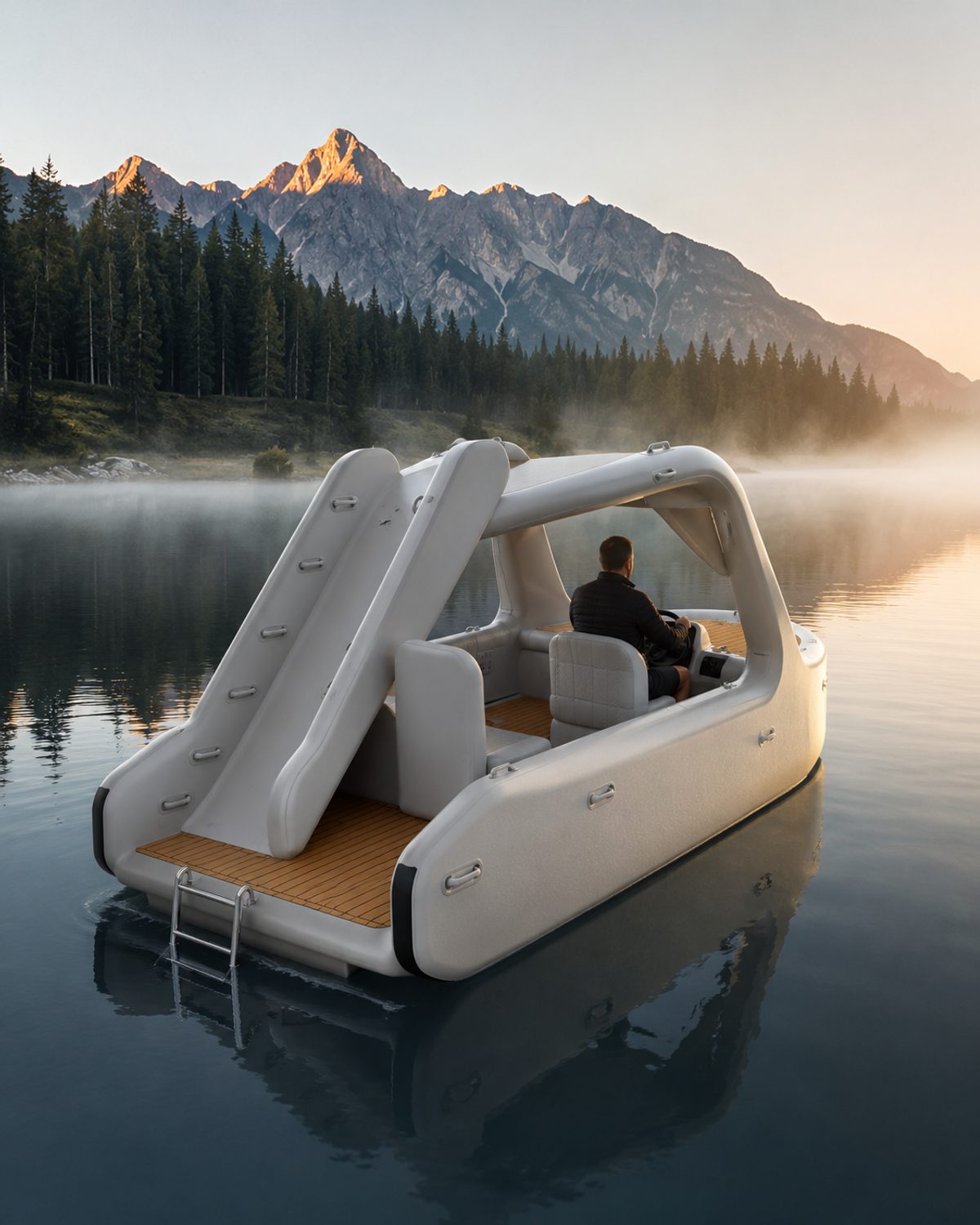 MARÉ Aurora — the compact, easy-to-carry inflatable boat on a calm mountain lake