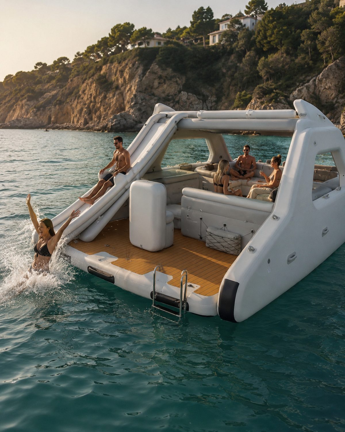 MARÉ Festa — the large inflatable party platform with an integrated slide on turquoise water