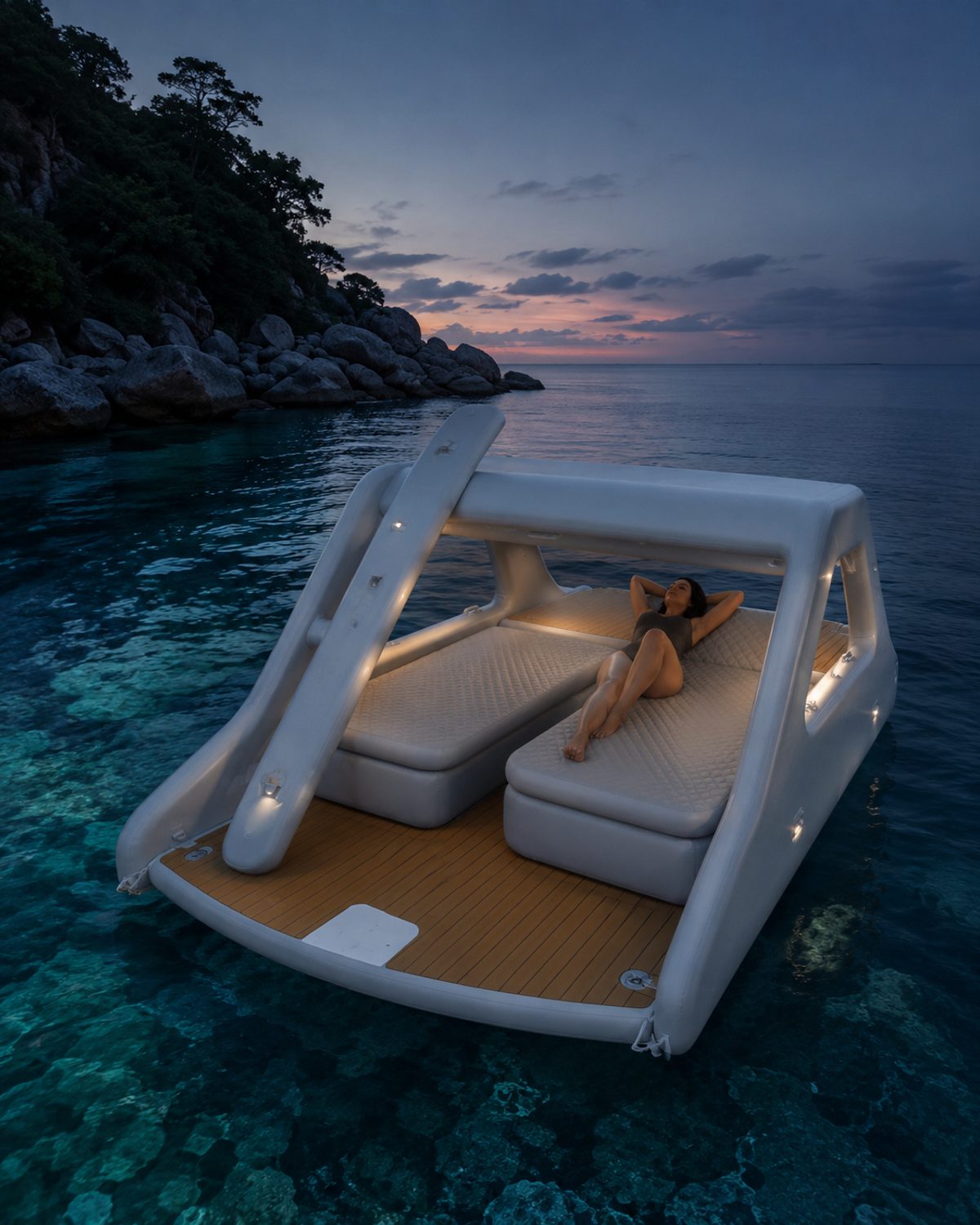 MARÉ Sérénité — the relaxation platform with quilted daybeds anchored in a quiet cove