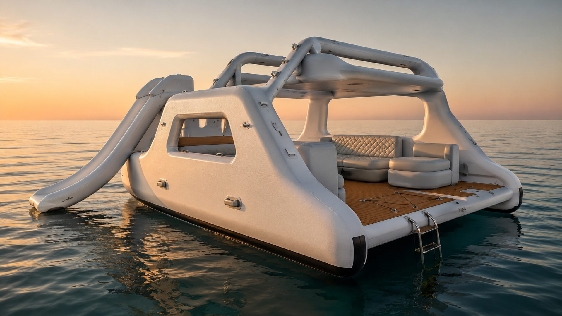 A premium inflatable drop-stitch yacht gliding across calm open water at golden hour
