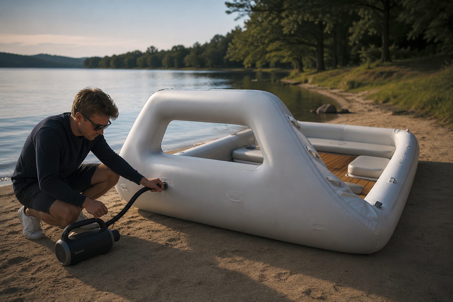 A person connecting a high-pressure electric pump to the half-inflated drop-stitch platform on the shore