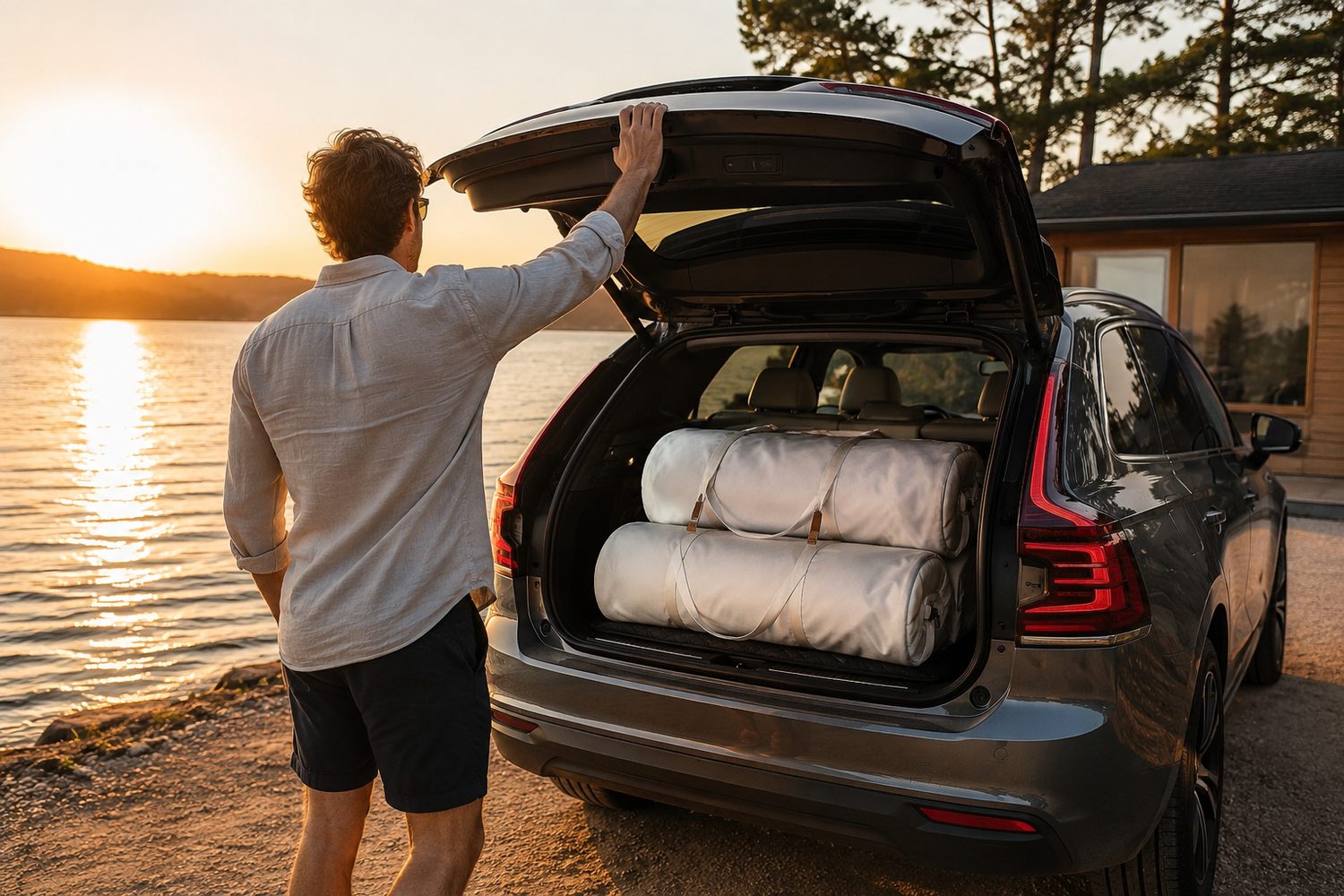 The deflated platform rolled into two carry bags and loaded into the boot of a car